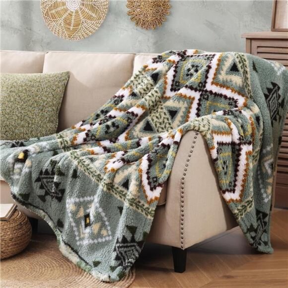 Boho Sherpa Throw Blanket Aztec Olive Green Ultra Soft Warm Cozy Plush Fleece NW - Picture 2 of 5